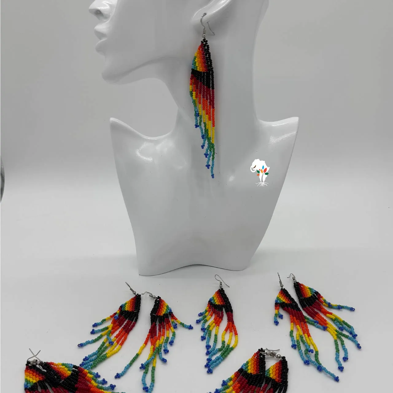 Handmade Long Beaded Rainbow Earrings, African Statement Drop Dangle - Image 2
