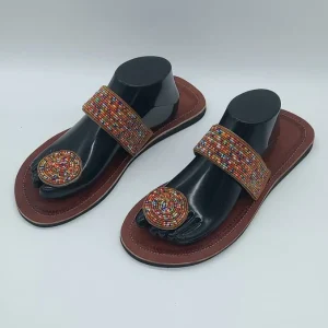 Handmade Beaded Sandals Women, Leather Boho Summer Sandals, Comfortable Slip On Vacation Shoes, African Beadwork Sandals
