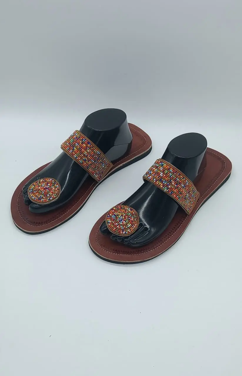Handmade Beaded Sandals Women, Leather Boho Summer Sandals, Comfortable Slip On Vacation Shoes, African Beadwork Sandals