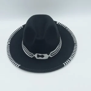 Black Fedora Hat with Beaded Band, Handmade Statement Hat, Boho Fedora Brim Hat