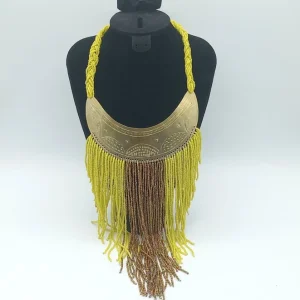Statement Fringe Necklace, Brass Collar Necklace, Beaded Tassel Necklace, Bold Festival & Boho Jewelry