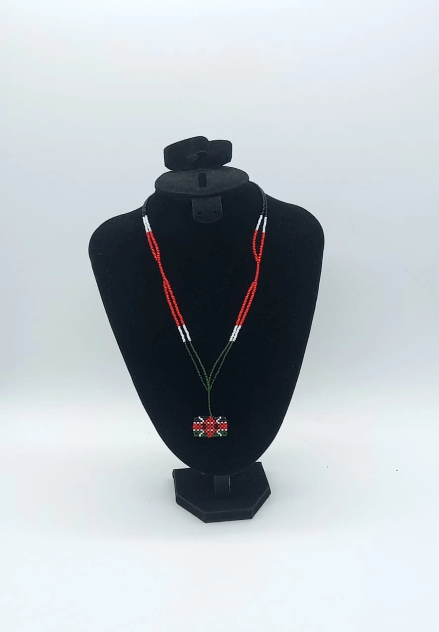 Beaded Kenya Flag Necklace, Handmade Beaded Pendant Necklace, Cultural Jewelry
