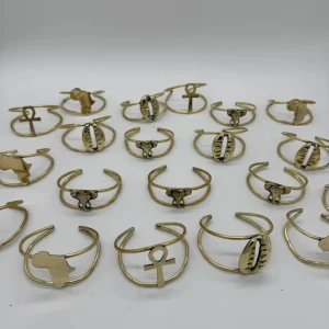 Brass Cuff Bracelets, Adjustable African Symbol Bracelets, Cowrie, Ankh & Africa Map Jewelry