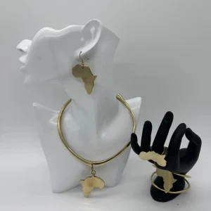 Brass Africa Map Jewelry Set,Handmade African Necklace, Earrings & Bracelet, Statement Cultural Jewelry Set