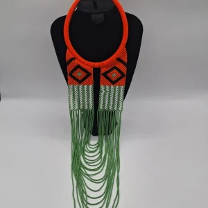 Long Beaded Statement Necklace, Handmade African Fringe Necklace, Bold Color Block Jewelry, Festival Neck Piece