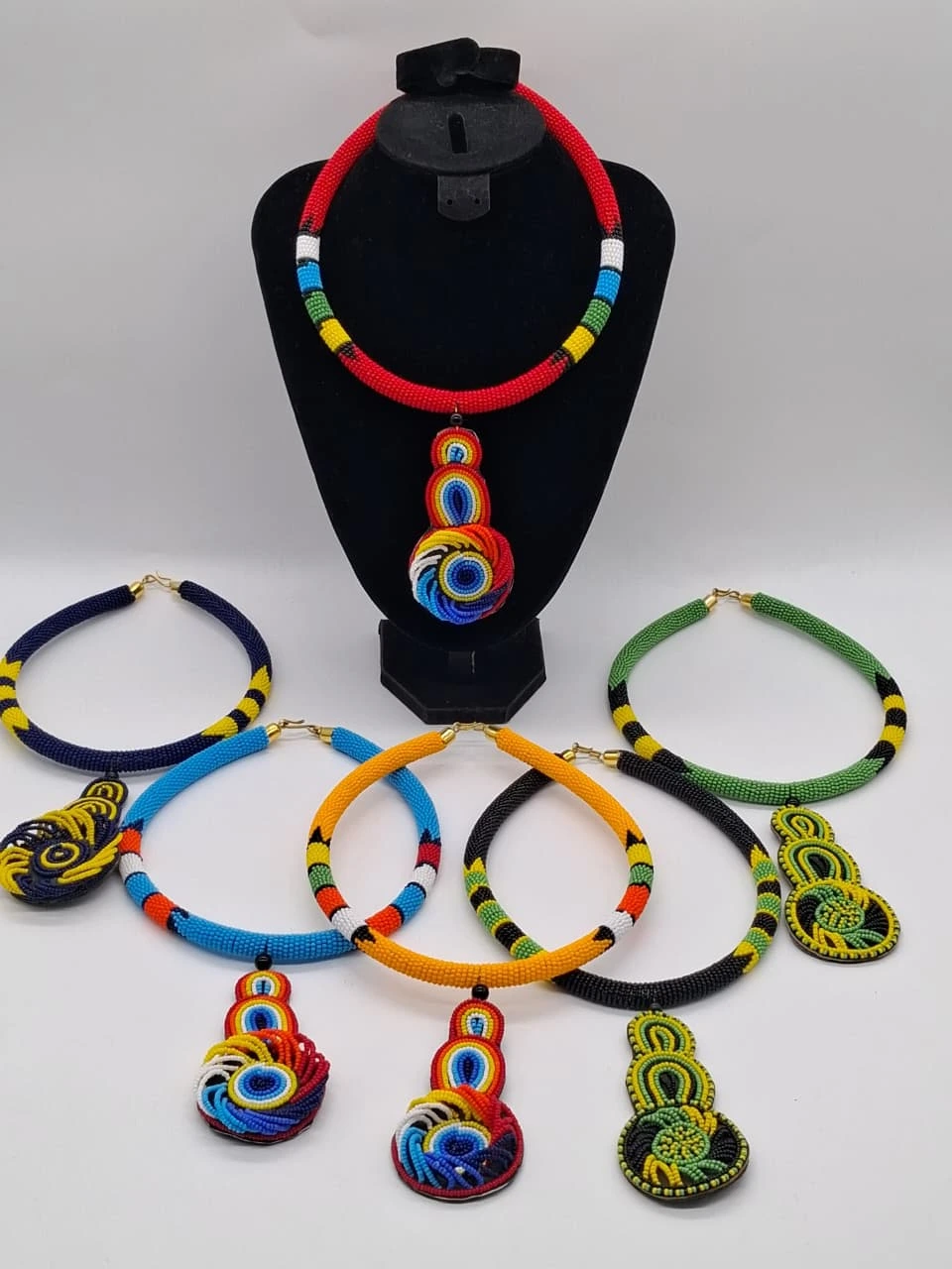 Beaded Statement Necklace with Pendant, Handmade African Beaded Necklace Set, Festival Neck Piece