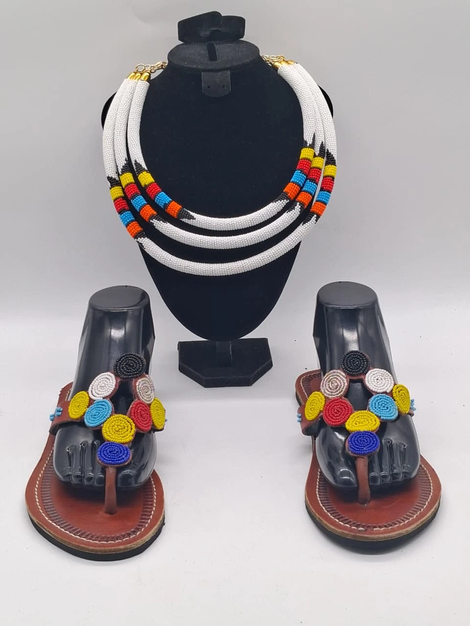 Maasai Beaded Sandals and Necklace Set, Handmade African Jewelry Set, Beaded Fashion Set