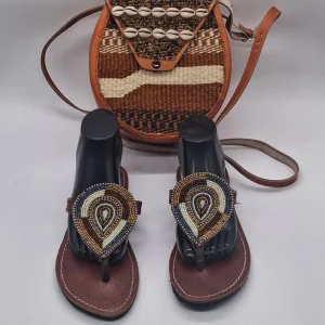 Matching African Sandals and Sisal Crossbody Bag Set Handmade Kenyan Fashion Accessories Beaded Leather Sandals