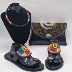 Handmade African Sandals, Beaded Clutch and Necklace Set, Leather Maasai Beadwork Sandals