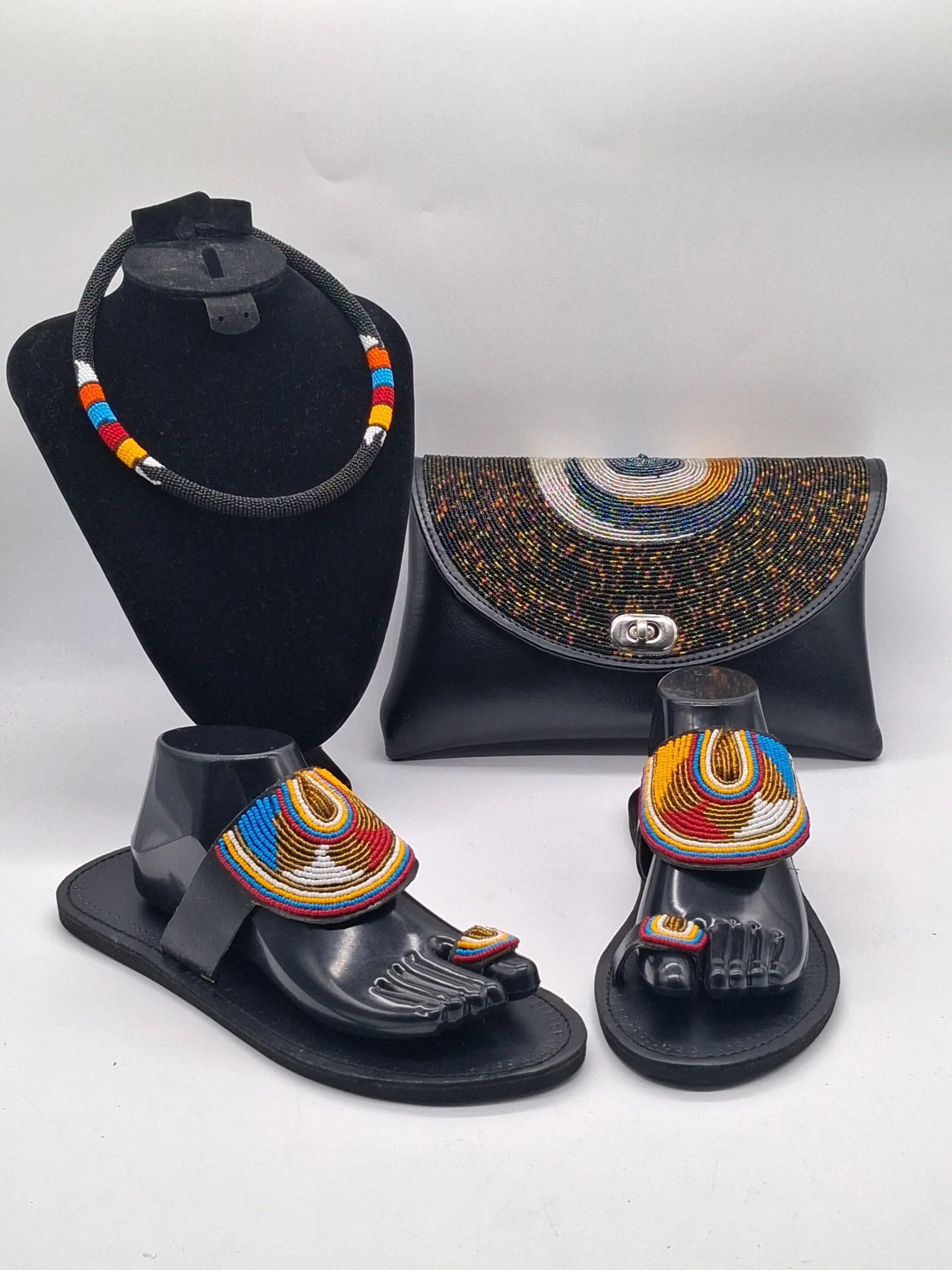 Handmade African Sandals, Beaded Clutch and Necklace Set, Leather Maasai Beadwork Sandals