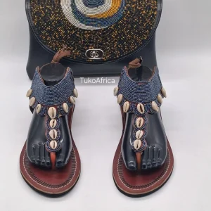 Handmade Cowrie Shell Leather Sandals and Beaded Clutch Set, African Women's Gift Set