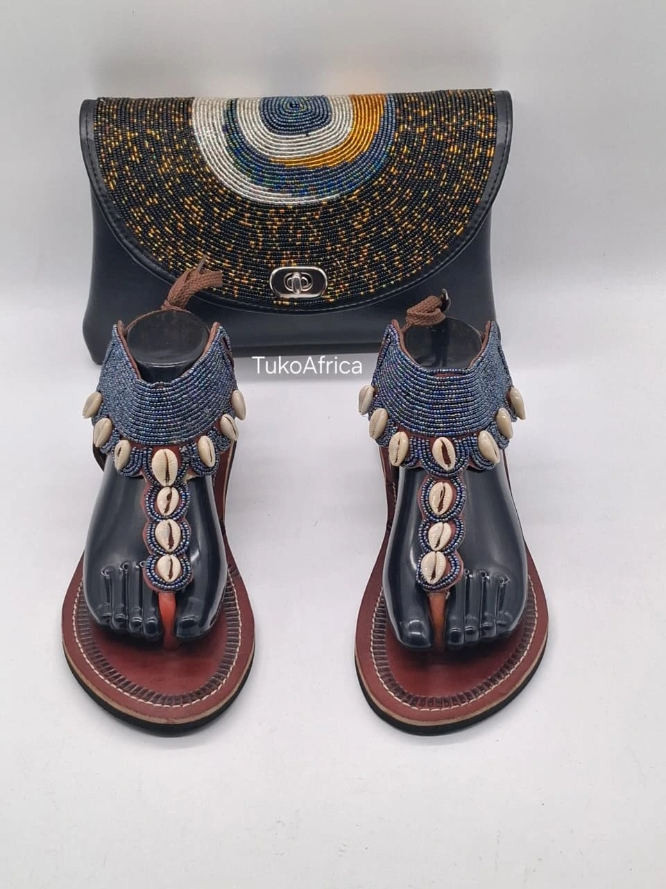 Handmade Cowrie Shell Leather Sandals and Beaded Clutch Set, African Women's Gift Set