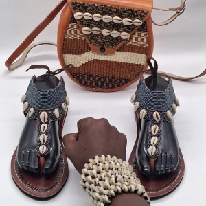 Handmade Leather Sandals, Sisal Crossbody Bag and Cowrie Shell Bracelet Set, African Fashion Accessories