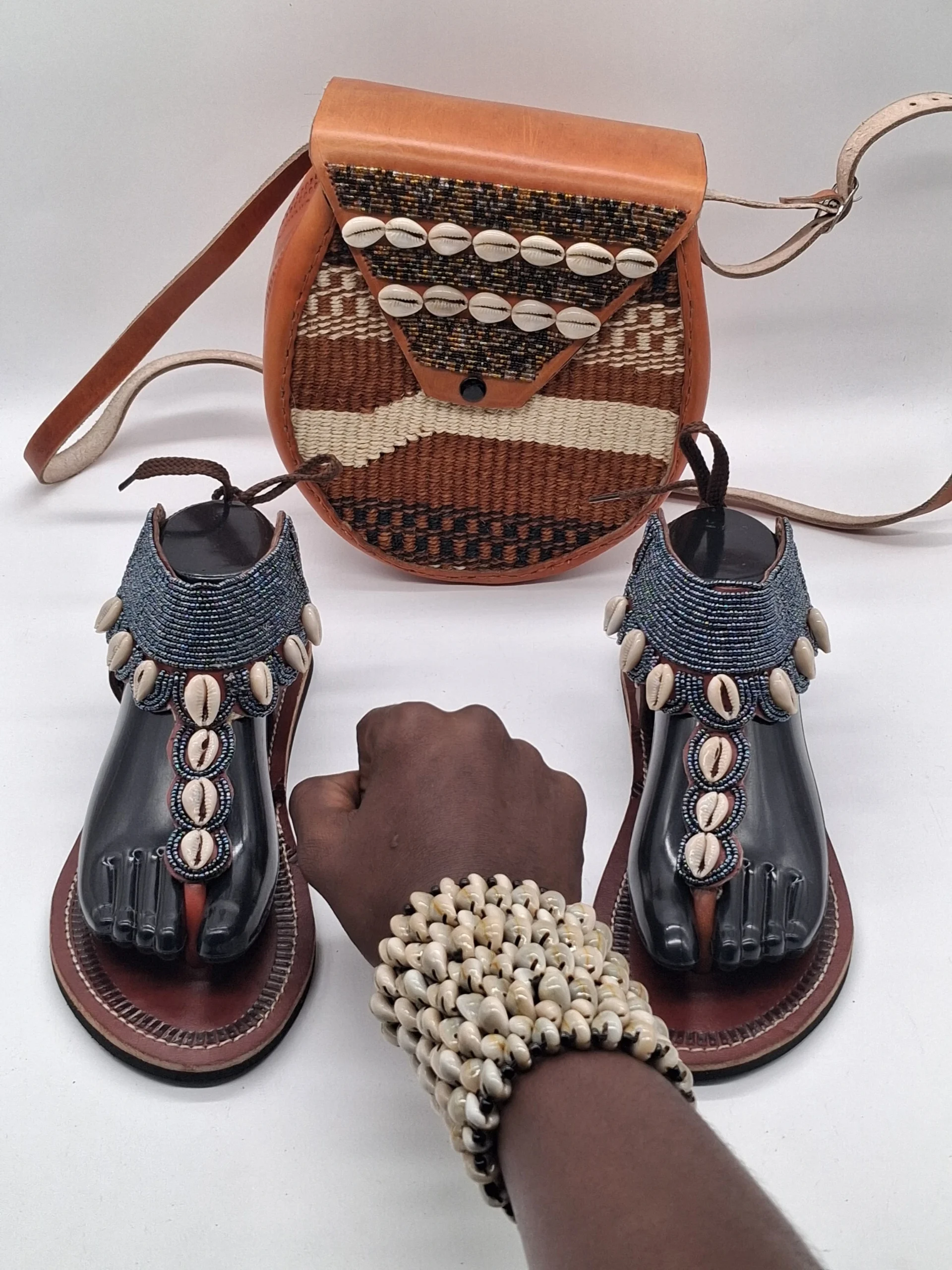 Handmade Leather Sandals, Sisal Crossbody Bag and Cowrie Shell Bracelet Set, African Fashion Accessories