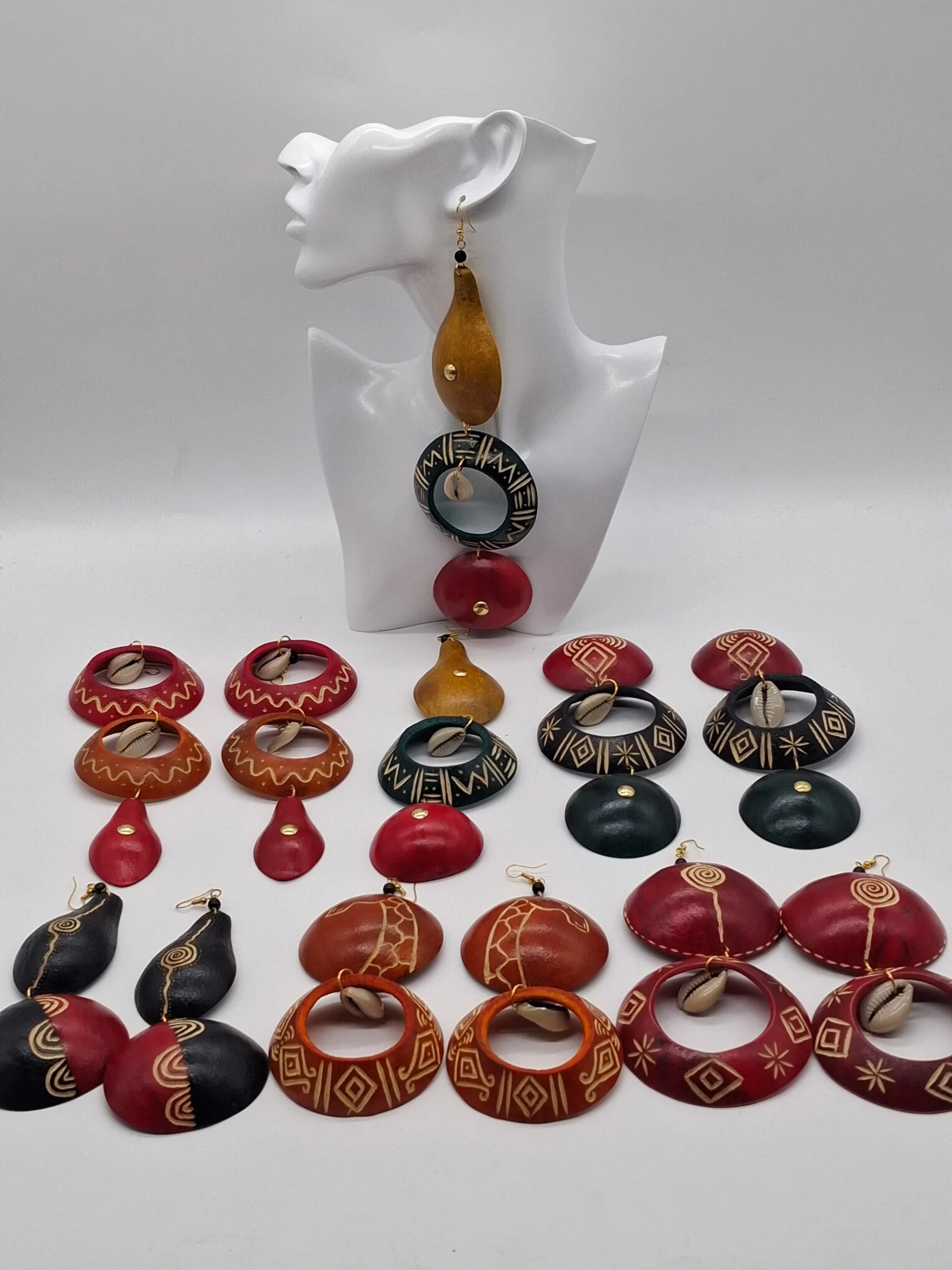 3 stair Handmade Calabash Earrings, African Gourd Statement Earrings, Traditional Women Jewelry