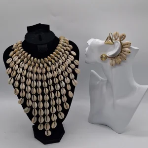 Handmade Cowrie Shell Necklace & Ear Cuff Set, African Statement Jewelry, Masai Women Tribal Accessory