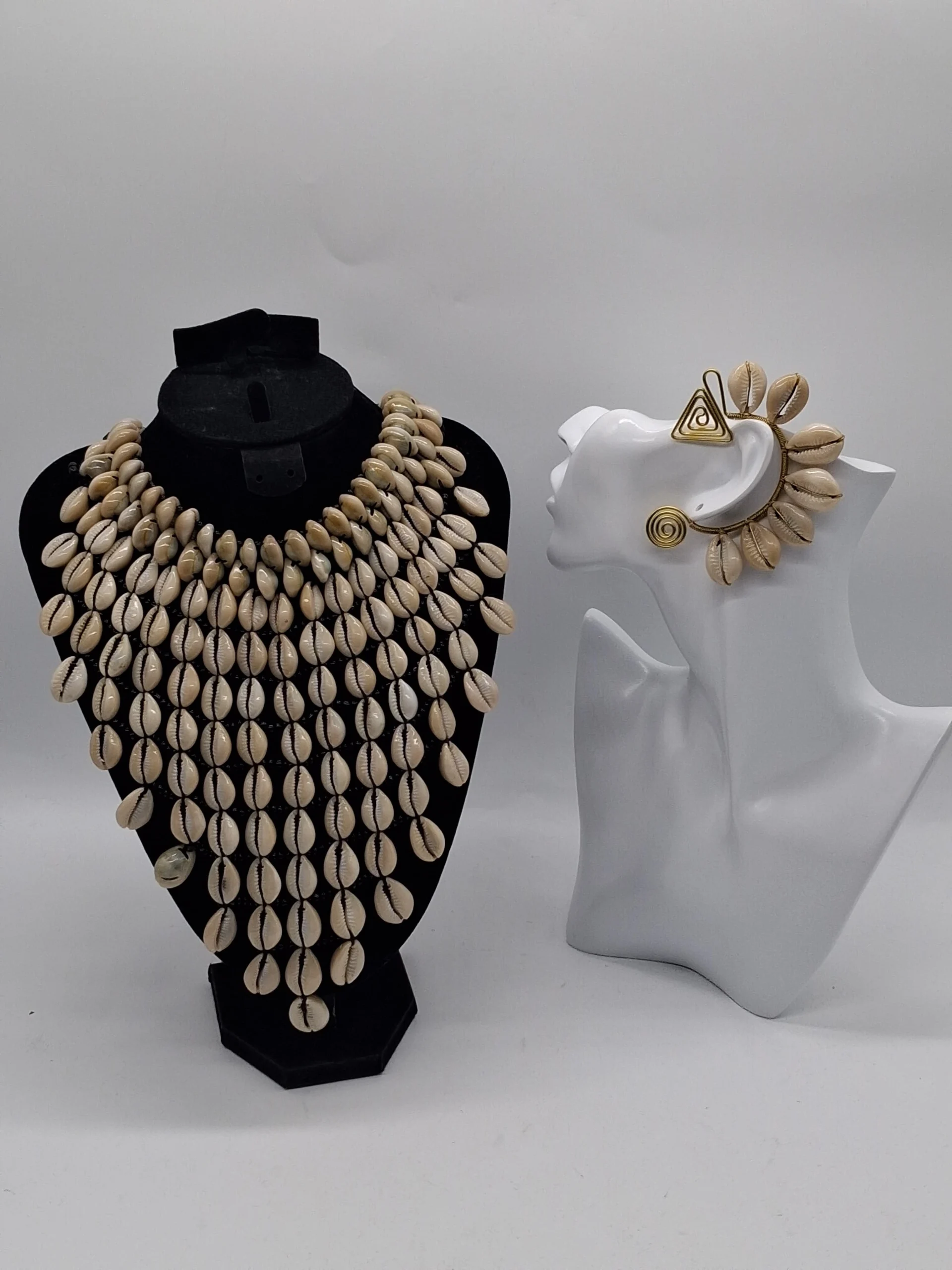 Handmade Cowrie Shell Necklace & Ear Cuff Set, African Statement Jewelry, Masai Women Tribal Accessory