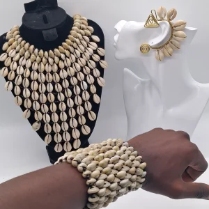 Handmade Cowrie Shell Jewelry Set, Cowrie Shell Necklace, Bracelet & Ear Cuff, African Statement Accessories