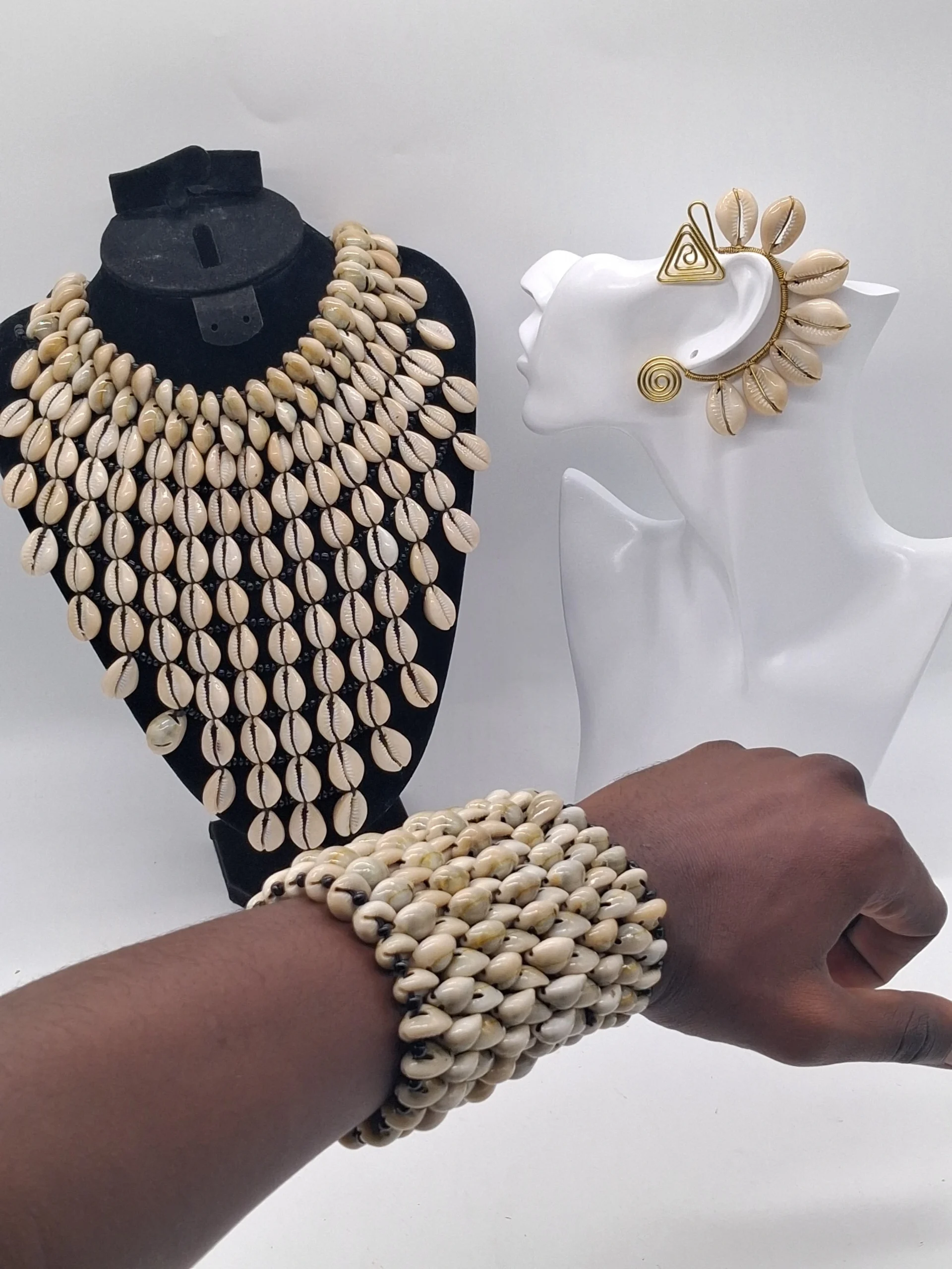 Handmade Cowrie Shell Jewelry Set, Cowrie Shell Necklace, Bracelet & Ear Cuff, African Statement Accessories