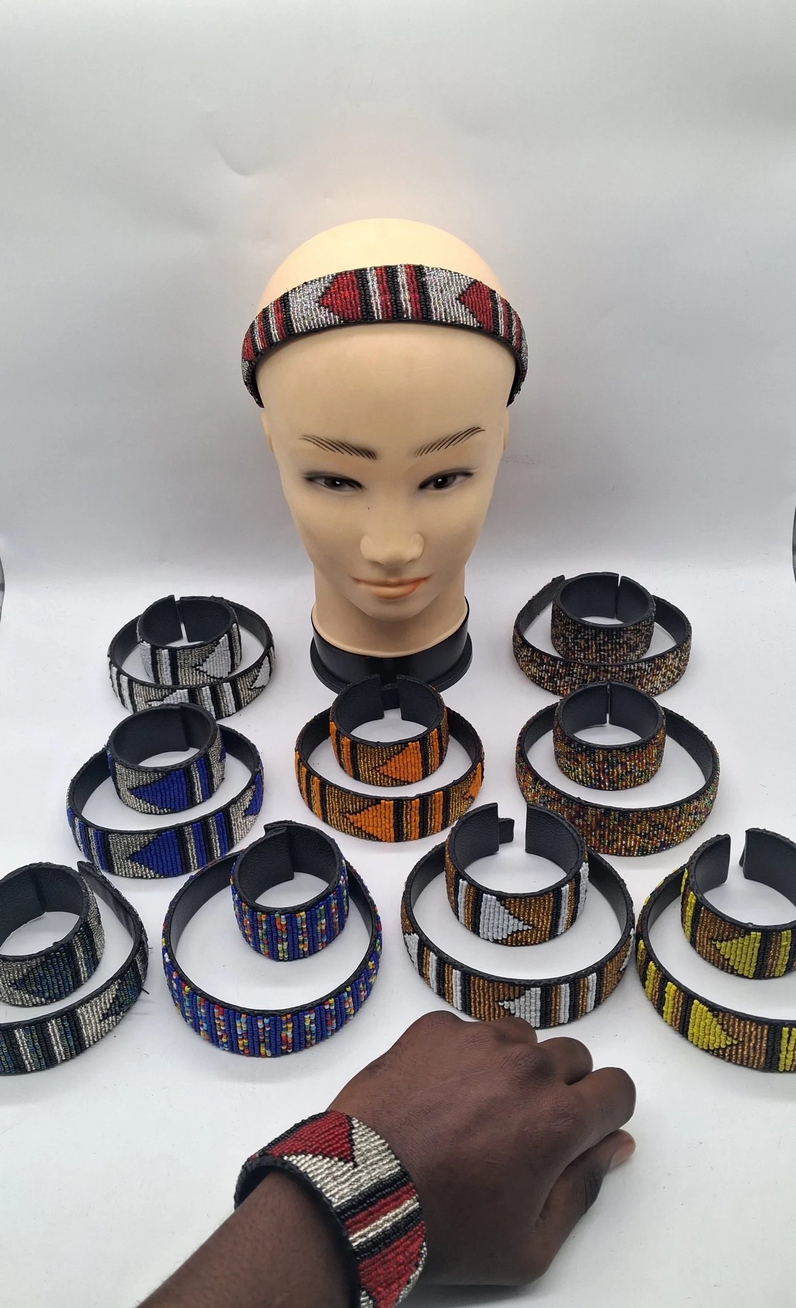 Handmade African Beaded Leather Headband & Cuff Bracelet Set, Maasai Inspired Hair Accessories, Kenyan Handmade Jewelry